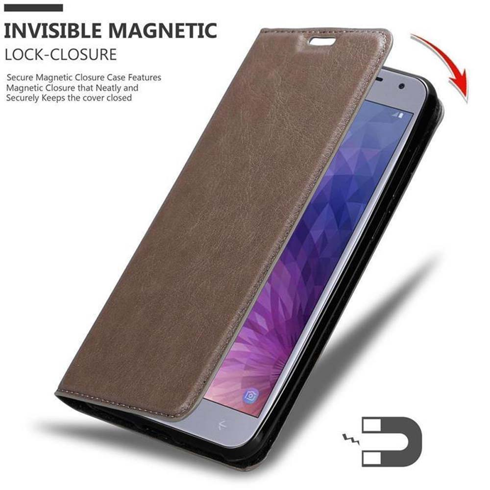 Custodia per telefono, aperta. Pelle marrone. Testo: Chiusura magnetica invisibile. Simbolo magnetico. Telefono visibile.