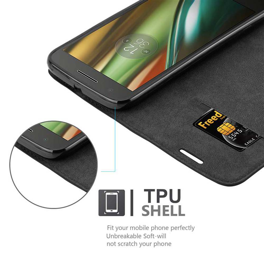 Telefon in einer Hülle, geöffnet, um den Bildschirm zu zeigen. TPU-Schale gezeigt, mit einer Karte.