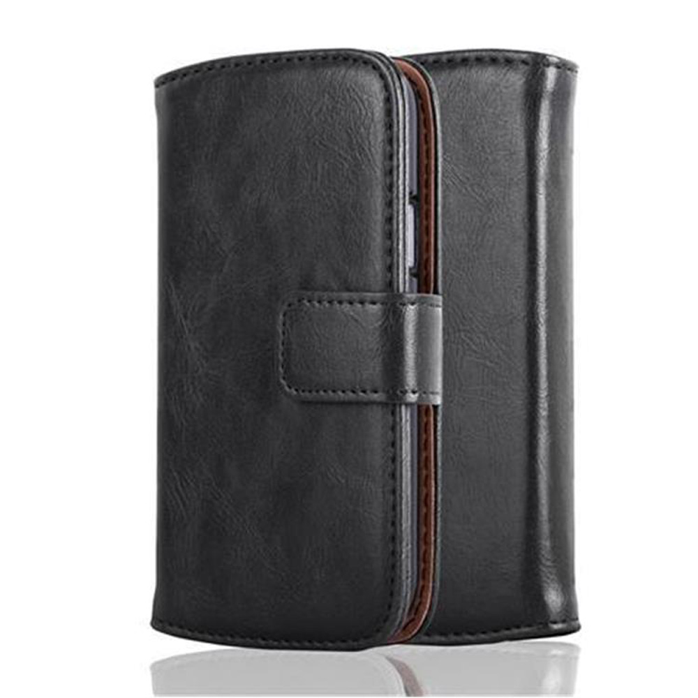 Funda de teléfono con vista abierta y cerrada. Funda negra con un acento marrón.