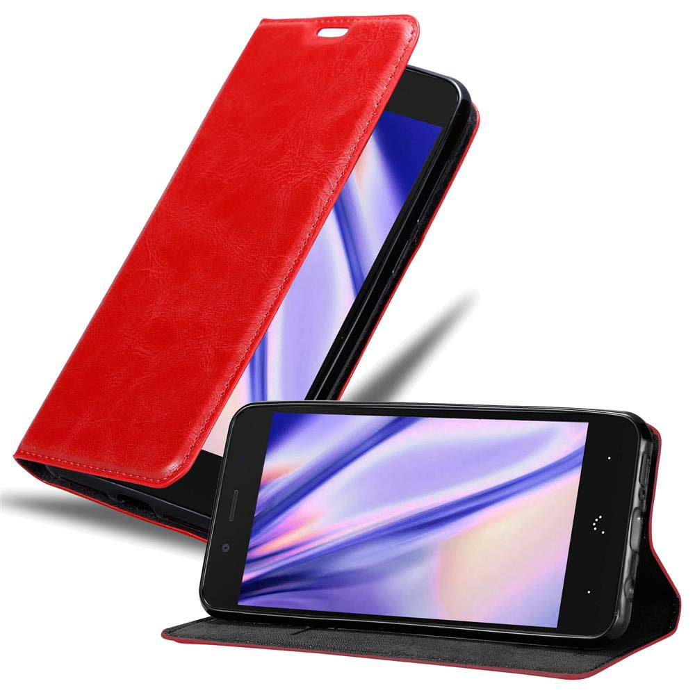 Funda de teléfono roja. La pantalla del teléfono muestra ilustraciones. Funda de teléfono abierta con teléfono dentro.