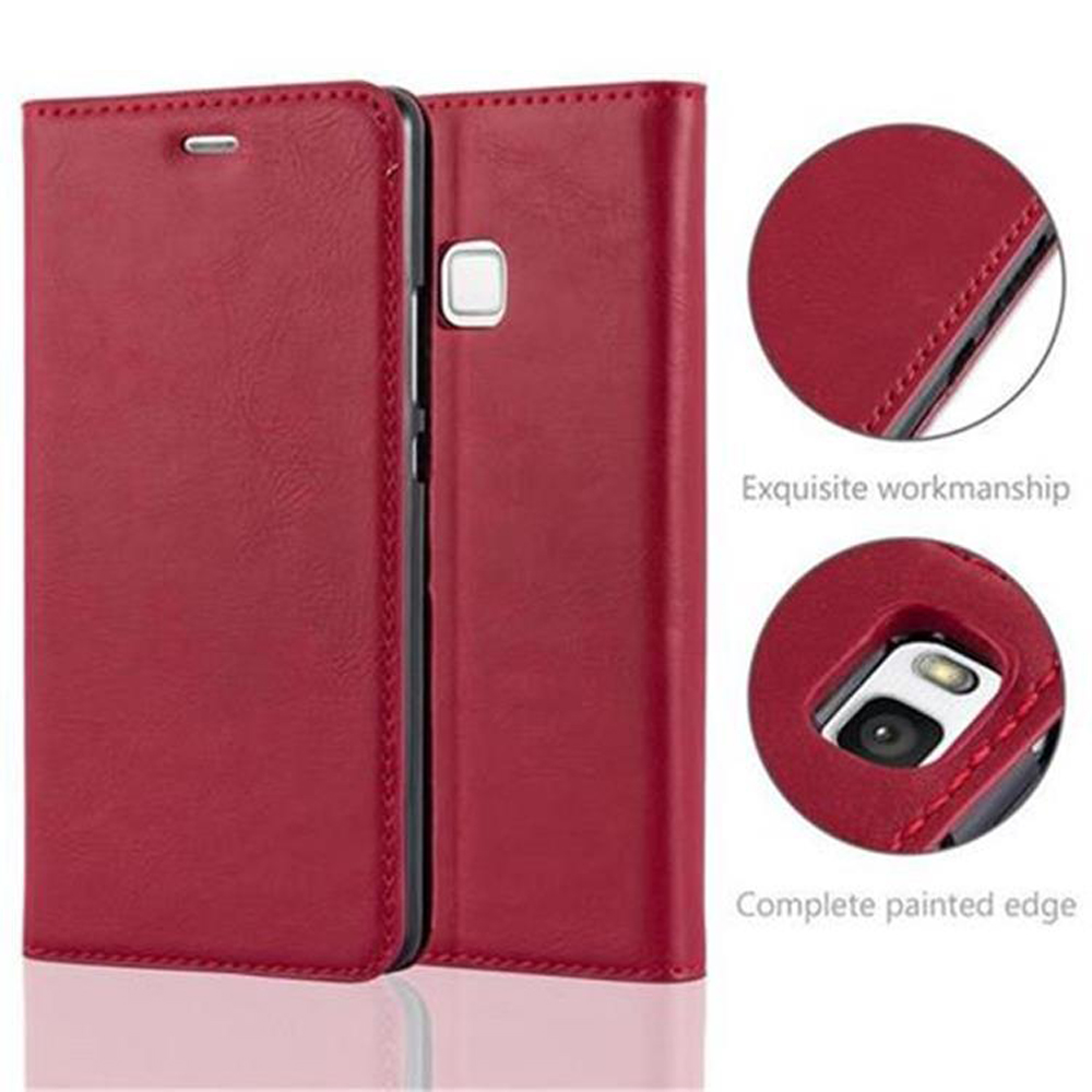 Eine rote Handyhülle wird gezeigt. Details umfassen: exquisite Verarbeitung und komplett lackierte Kante.