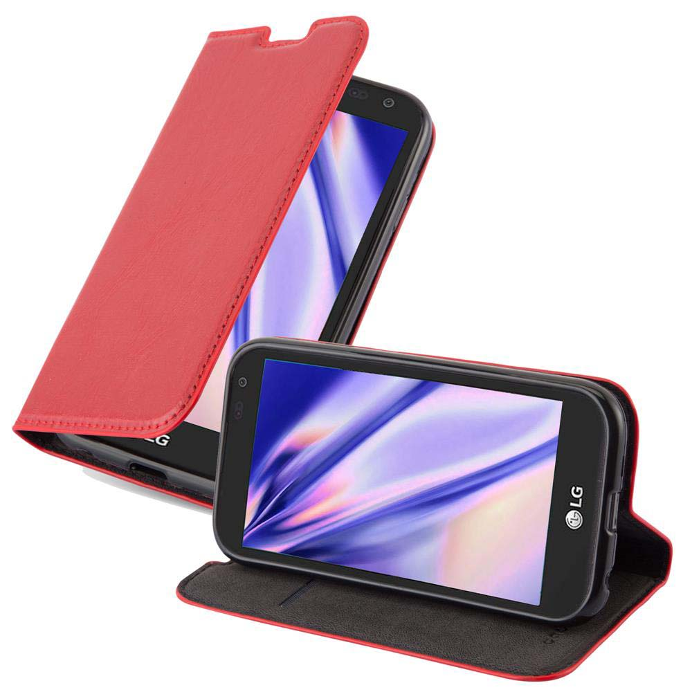 Funda roja con teléfono abierto. Otro teléfono en el fondo.