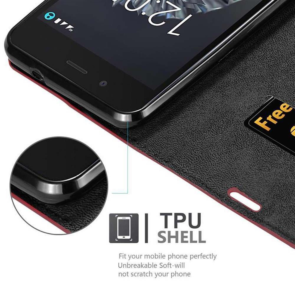 Teléfono negro en funda abierta con borde rojo. Ranura para tarjeta con tarjeta. El texto etiqueta la carcasa de TPU.