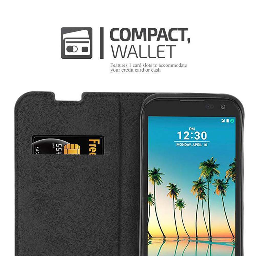 Funda negra para teléfono con tarjeta de crédito, teléfono y texto: Cartera Compacta. El teléfono muestra una escena de palmeras y la hora 12:30.