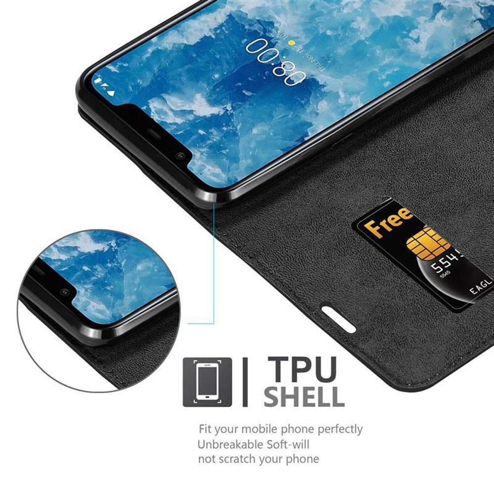 Telefono in custodia nera, SIM card e testo. Ora visualizzata sul telefono.