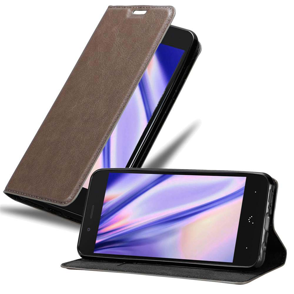 Funda marrón para teléfono. Teléfono en la funda y funda abierta. Los teléfonos tienen una pantalla colorida.