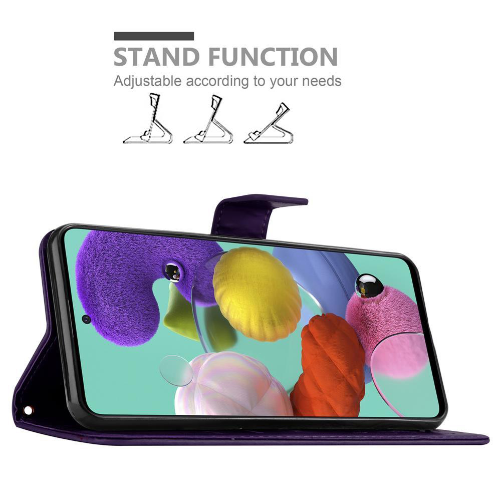 Smartphone in una custodia viola, che mostra lo schermo, con elementi astratti colorati.