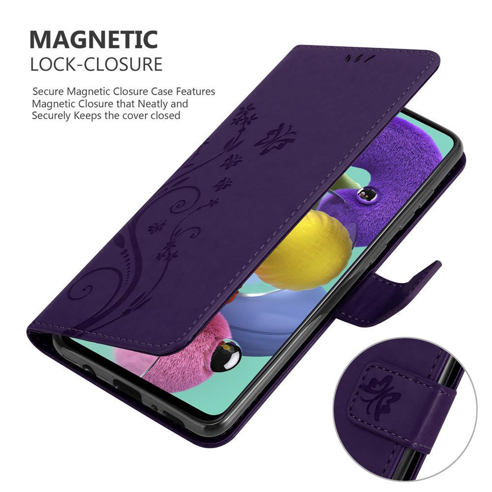 Custodia viola aperta, che rivela un telefono con design rosa e giallo. Testo: Chiusura magnetica.