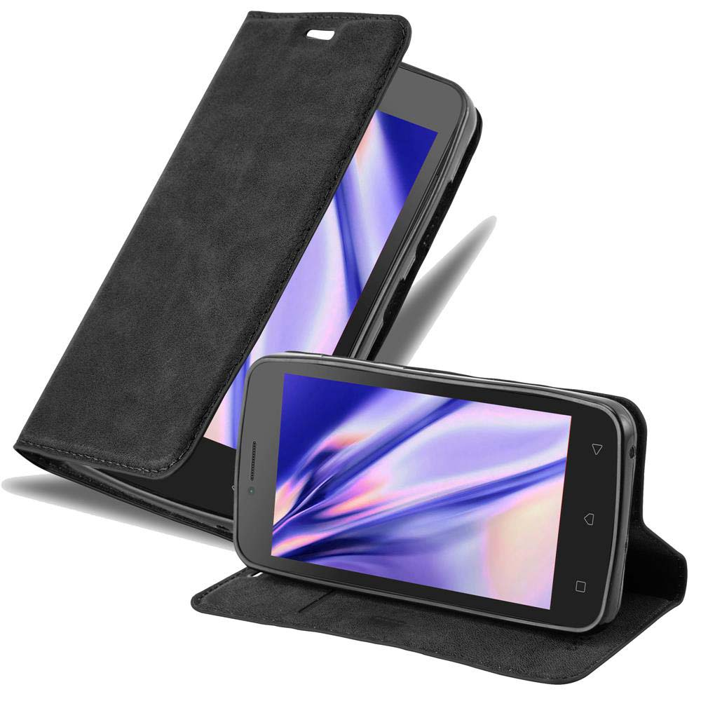 Custodia nera con telefono dentro. Il telefono mostra un motivo colorato. La custodia è aperta, un telefono è dentro.