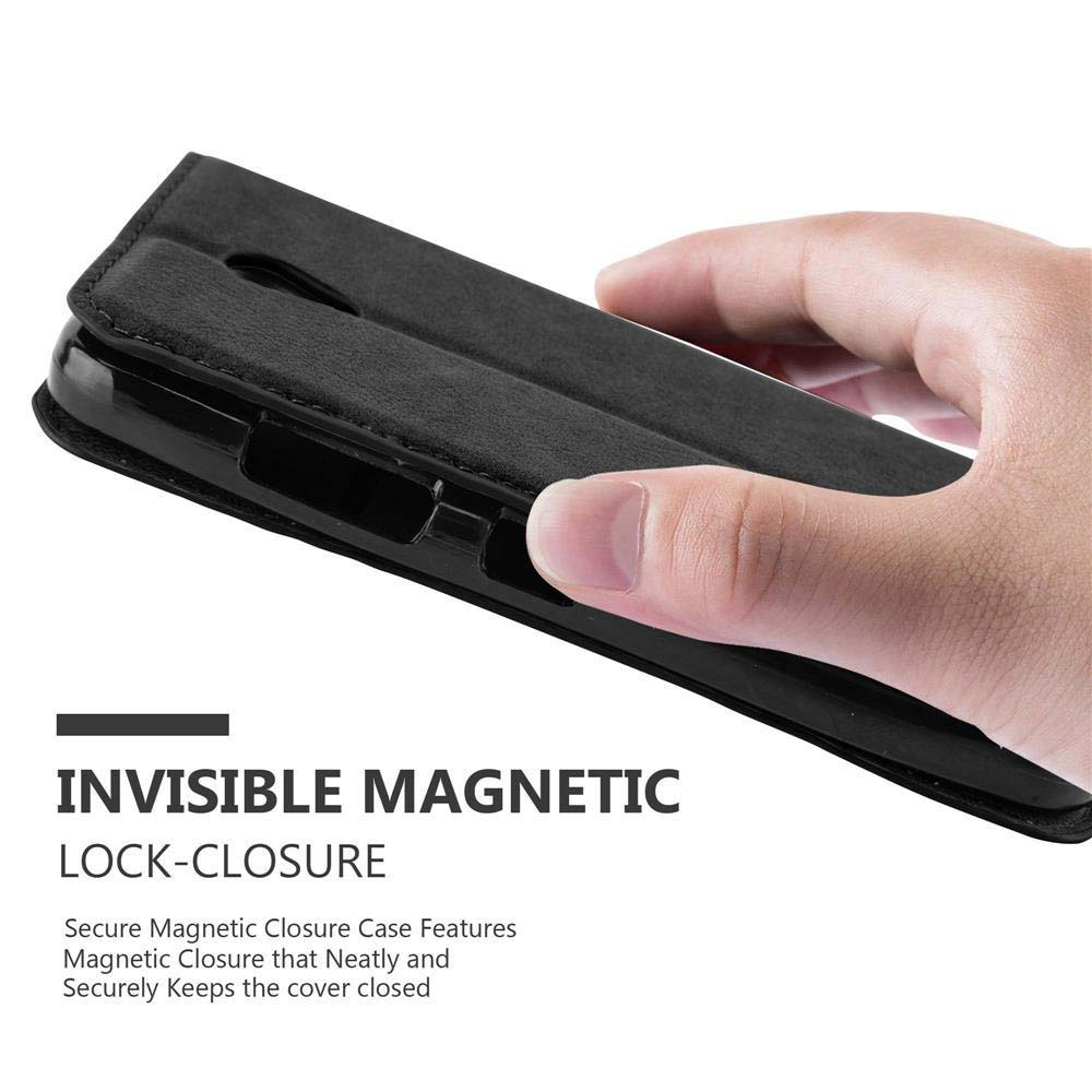 Custodia per telefono nera con telefono all'interno, aperta, testo sulla chiusura magnetica.