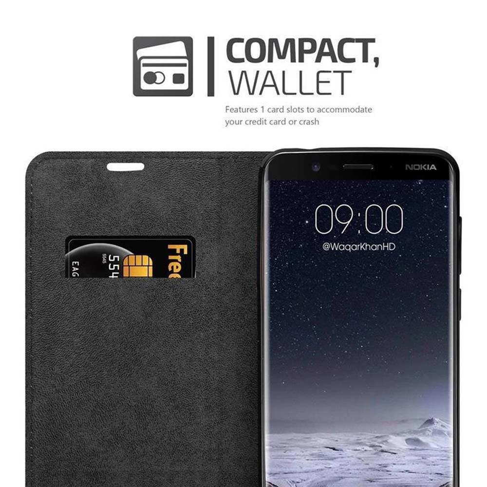 Schwarze Handyhülle mit Kreditkarte. Anzeige zeigt Uhrzeit und App-Symbole. Text: 'Compact, Wallet'.