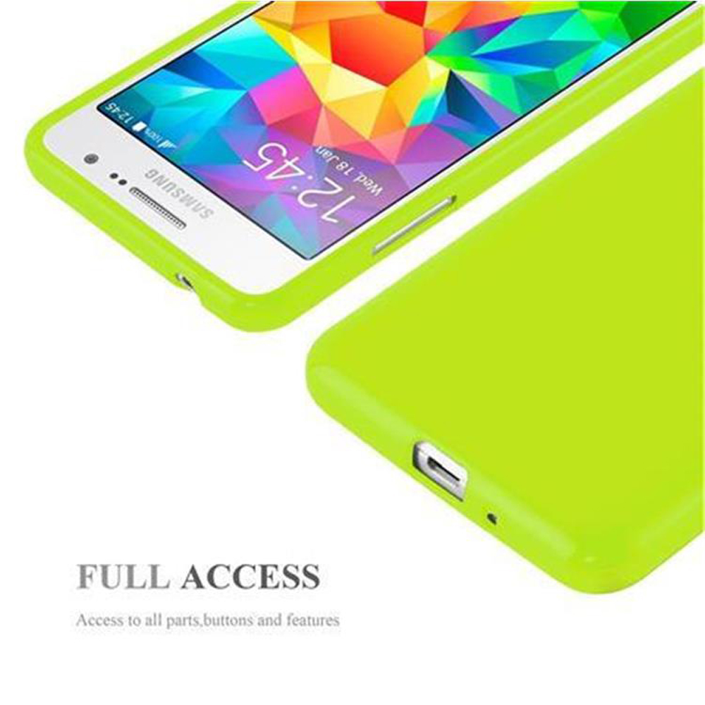 Funda de teléfono verde lima con acceso a todas las funciones. El teléfono es parcialmente visible dentro de la funda.