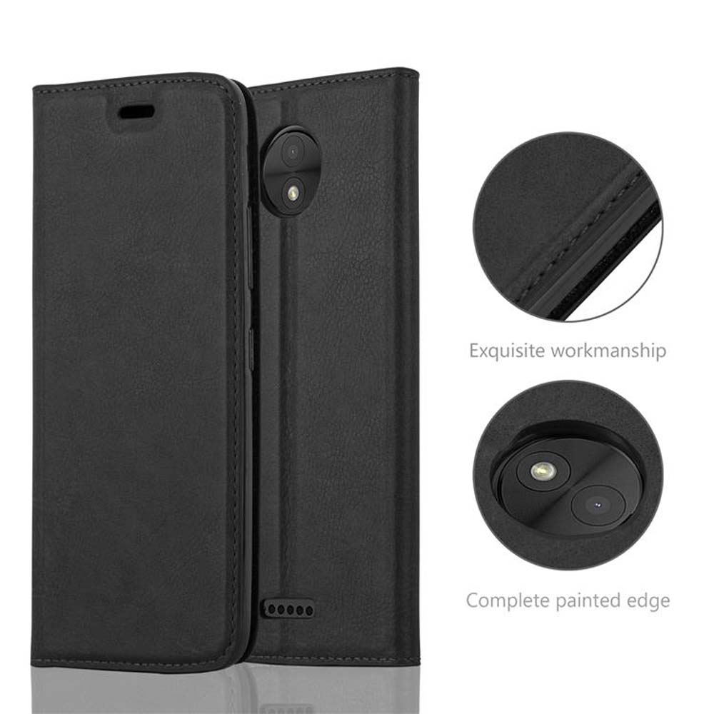 Custodia per telefono nera. I dettagli mostrano cuciture e un bordo completamente verniciato. Testo: 'INVISIBLE MAGNETIC LOCK'.