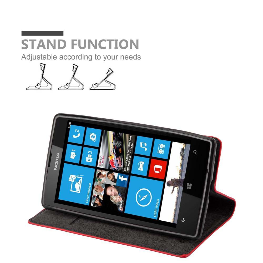 Telefono in una custodia con funzione stand. Il display mostra app e uno sfondo rosso.