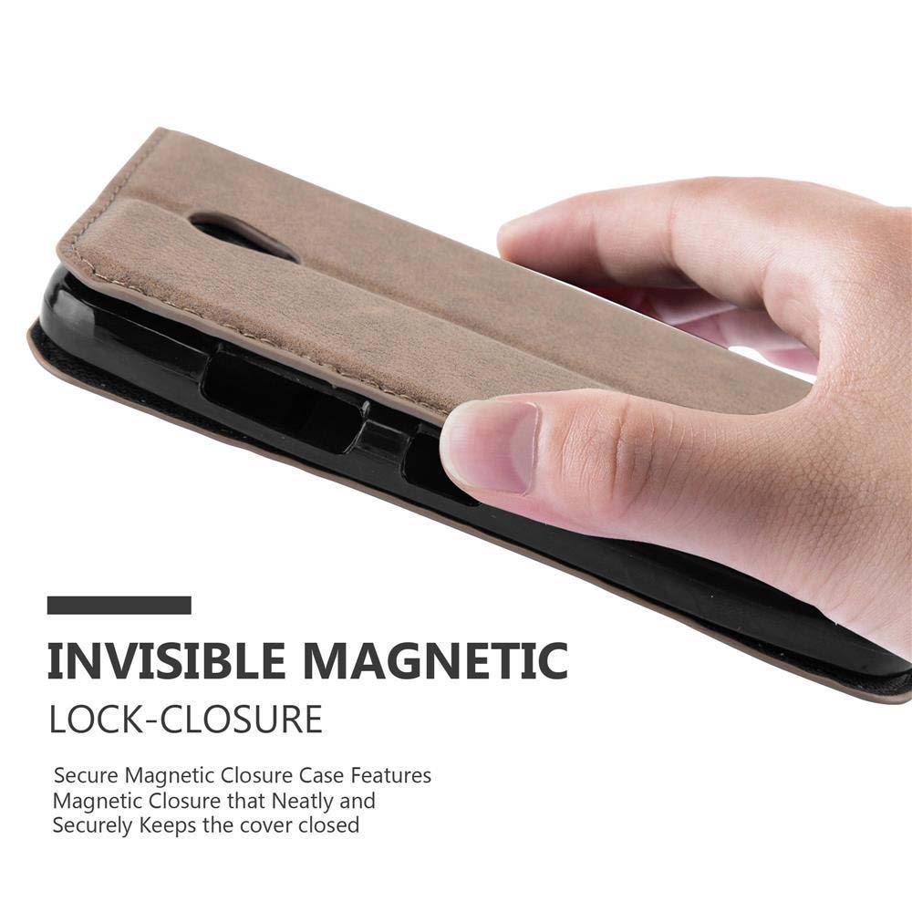 Primo piano di una custodia per telefono con testo: 'INVISIBLE MAGNETIC LOCK-CLOSURE'.