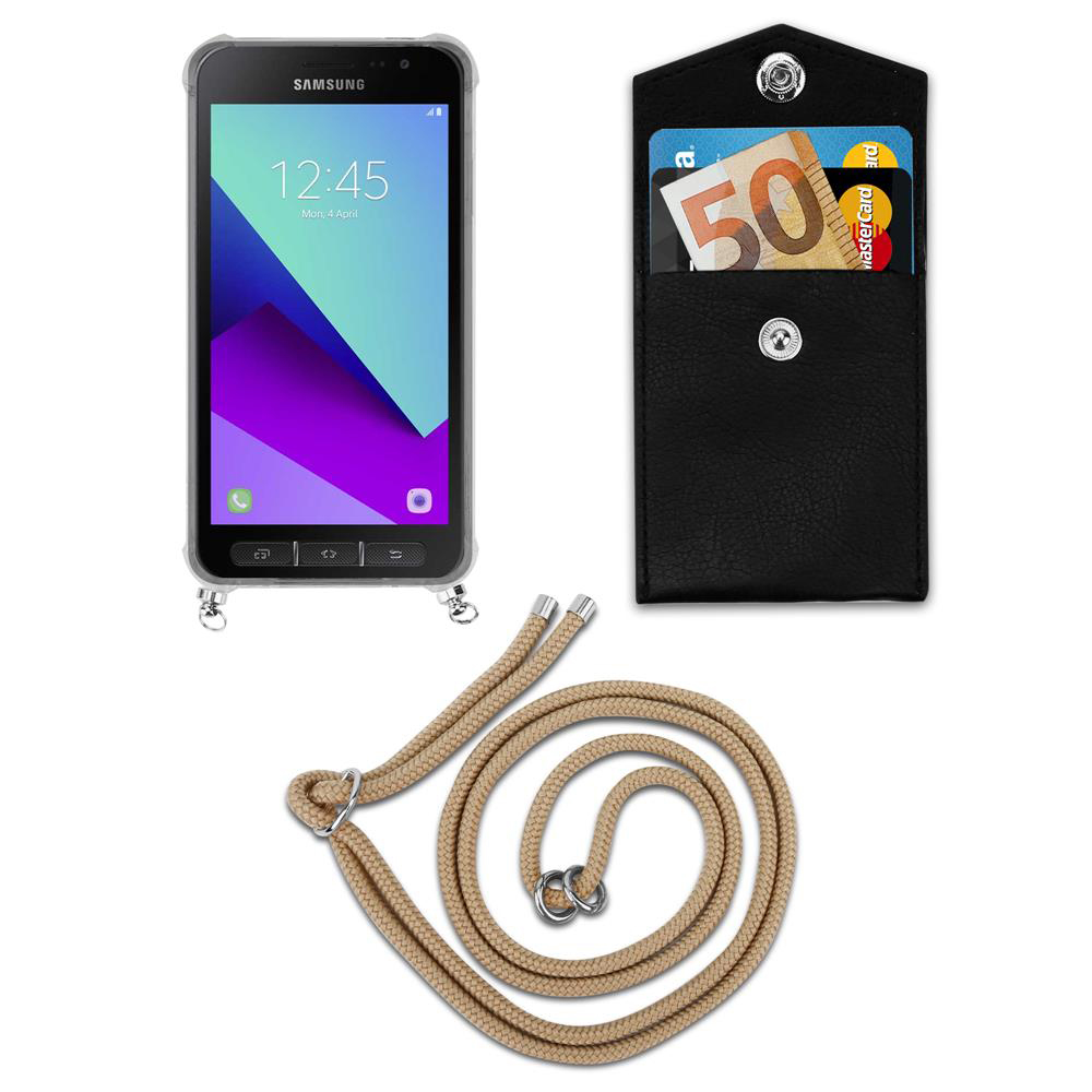 Telefono con cordino, un portafoglio con carte e denaro.