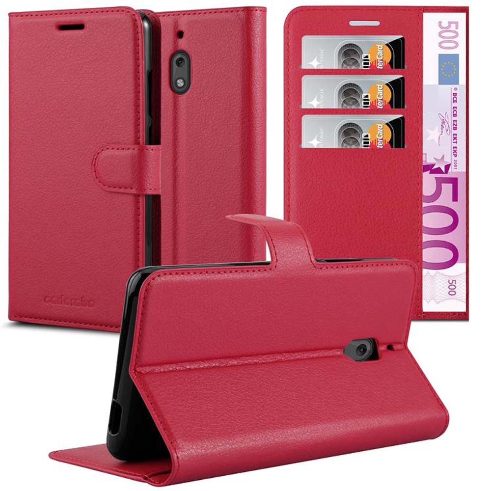 Custodia rossa per telefono, aperta con scomparti per carte e denaro. Carte e una banconota da 500 euro visibili. Marca cadacroto.
