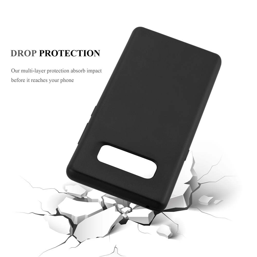 Custodia per telefono nera che cade. Testo sovrapposto, "DROP PROTECTION". Sfondo bianco.