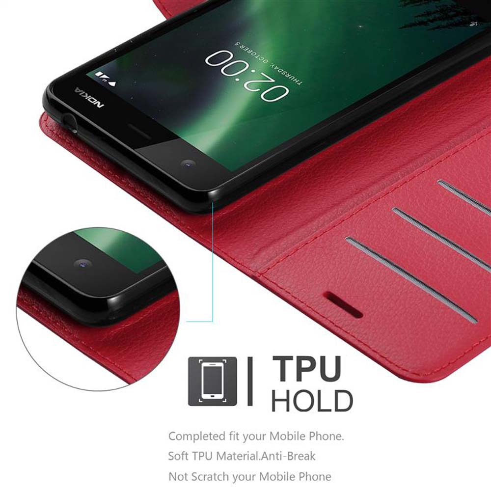 Una custodia per telefono rossa aperta, che mostra un telefono. Il telefono mostra 02:00 sullo schermo.