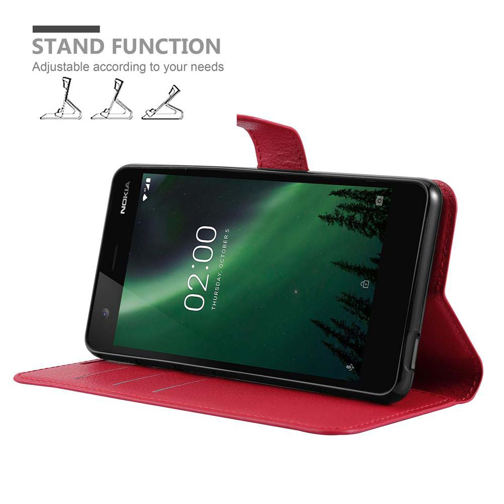 Custodia per telefono rossa con un telefono Nokia all'interno. Il telefono mostra l'ora e la data sullo schermo.