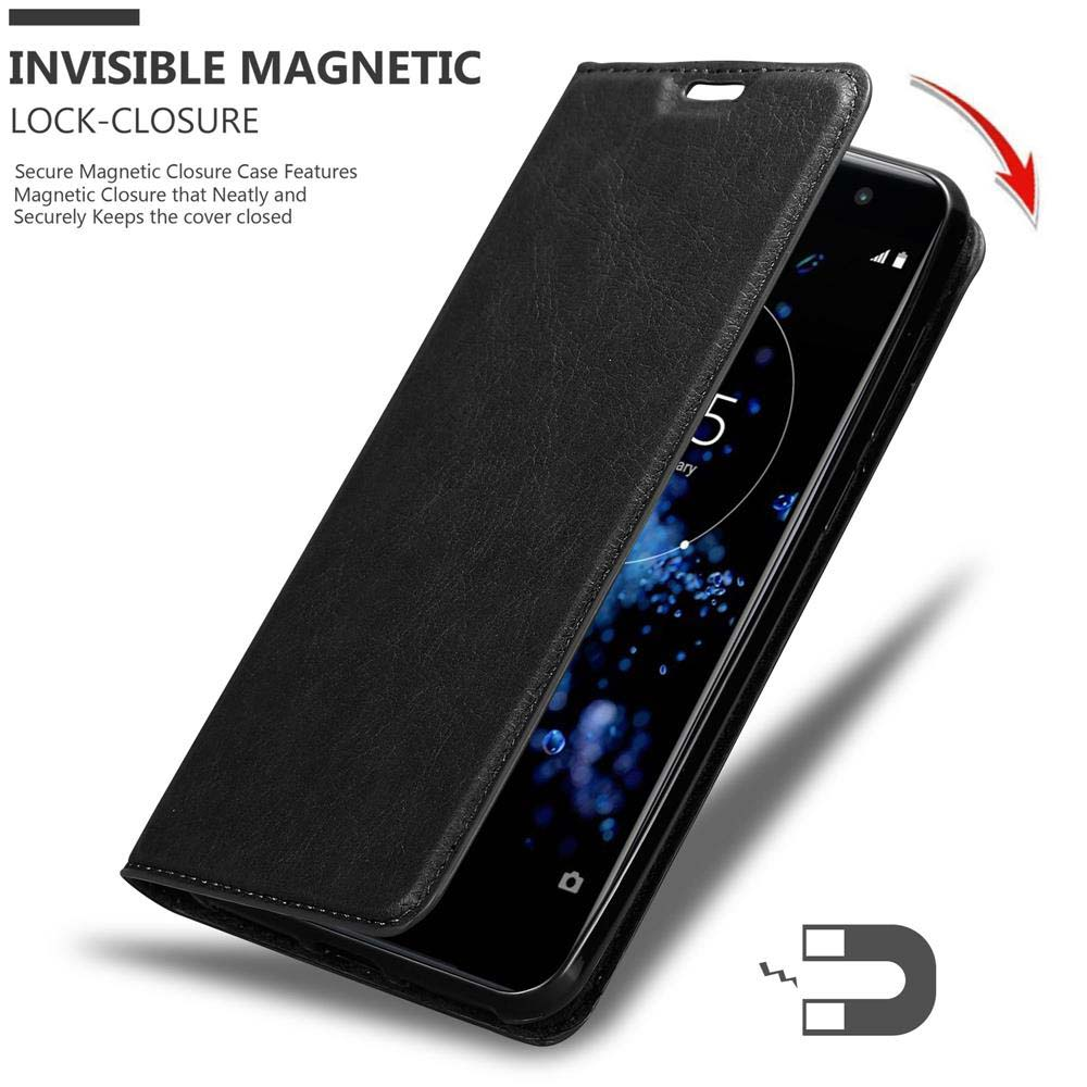 Una custodia per telefono nera aperta con un telefono all'interno, che mostra lo schermo e una chiusura magnetica.