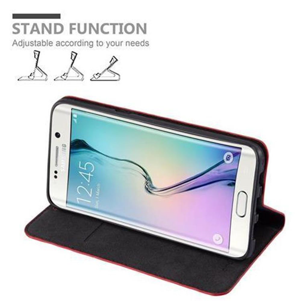 Telefono in custodia rossa, aperto per mostrare il telefono, con testo sulla funzione stand e angoli regolabili.