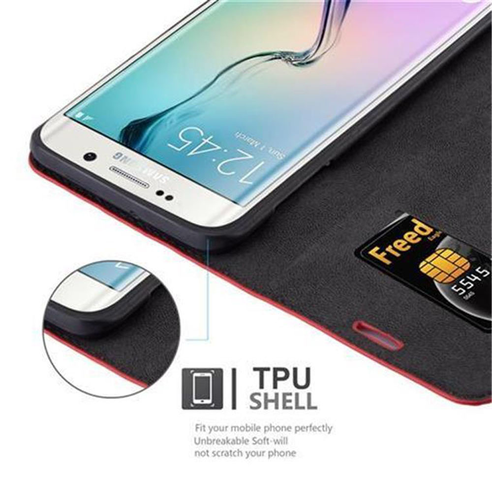 Un telefono all'interno di una custodia a portafoglio. Una carta di credito è visibile in uno slot.