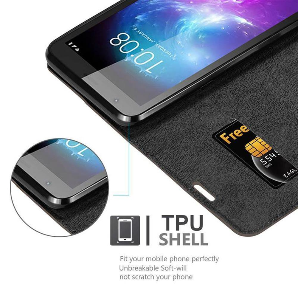 Telefono in una custodia, aperta, che mostra lo schermo e lo slot per la carta di credito. La custodia è nera con testo TPU SHELL.