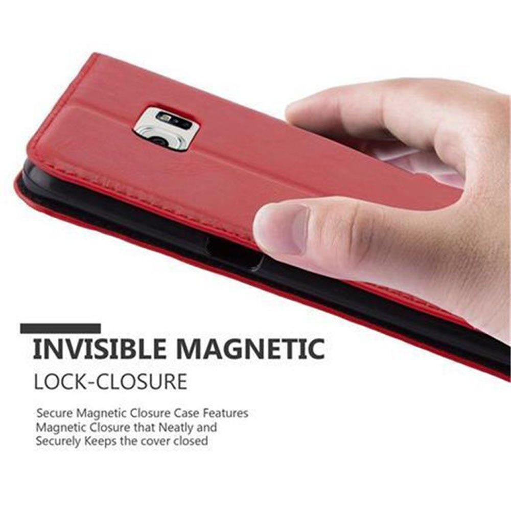 Una mano tiene una custodia rossa per telefono. Il testo recita 'chiusura magnetica invisibile'.