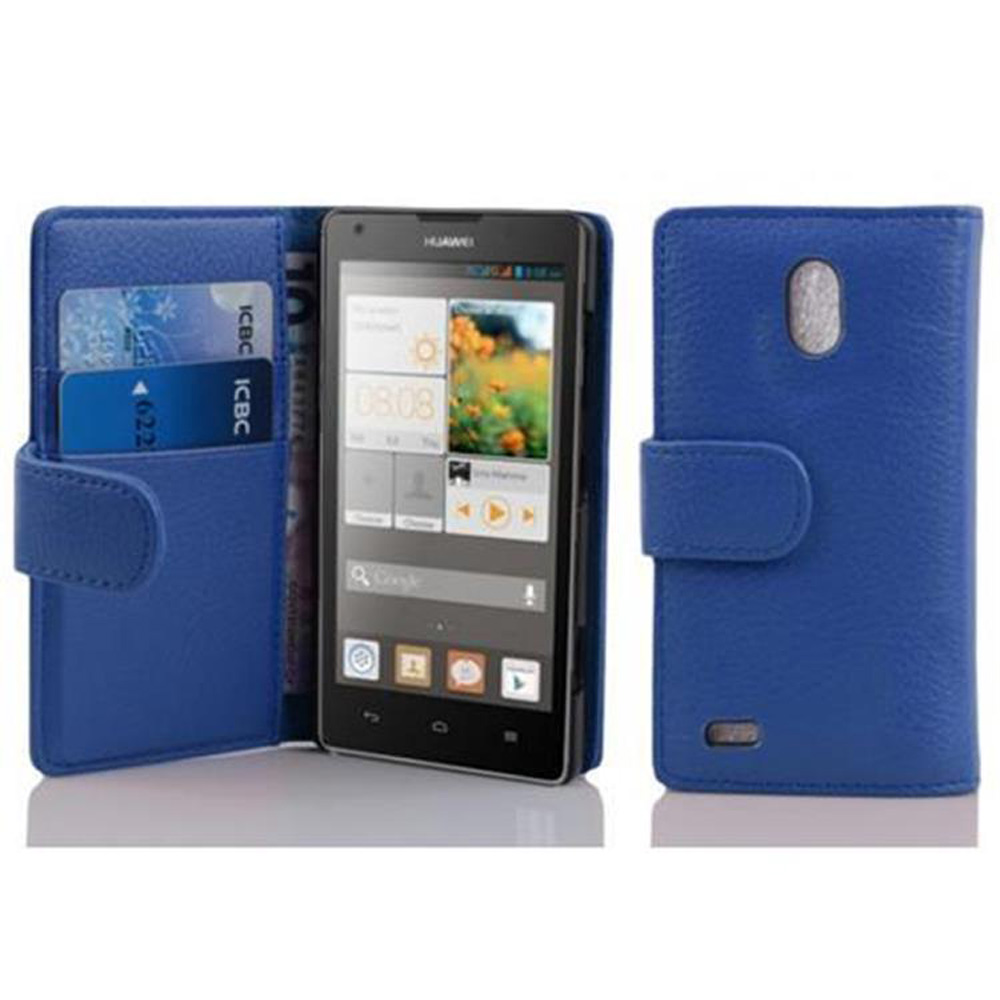 Funda azul, abierta, con teléfono dentro. Tarjetas y dinero visibles.