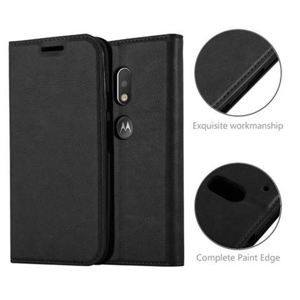 Funda de teléfono negra abierta. Detalles de costuras y colocación de la cámara. Dos detalles circulares ampliados.