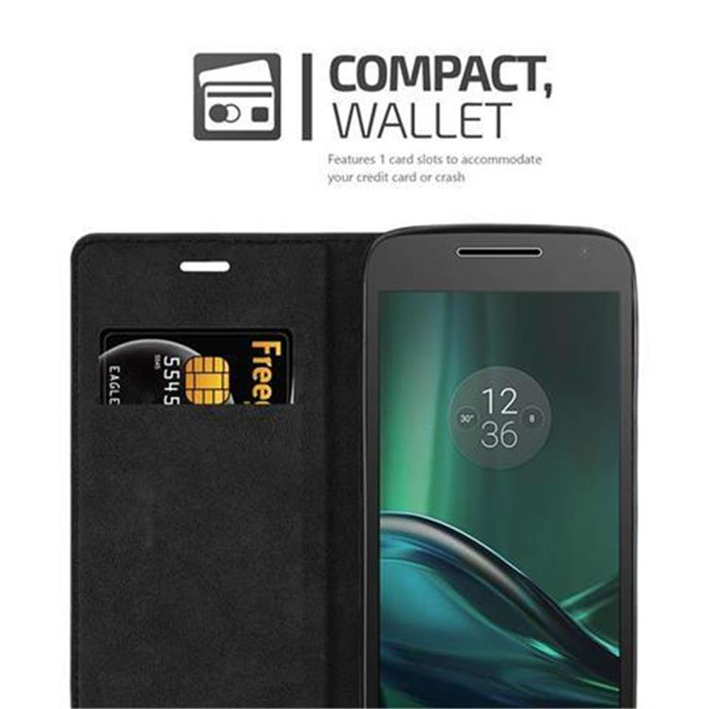 Funda de teléfono negra con tarjeta de crédito en el bolsillo y pantalla mostrando la hora.