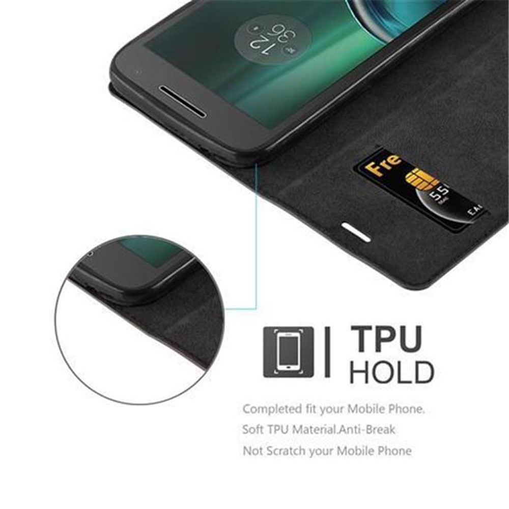 Teléfono dentro de una funda con ranura para tarjeta. El texto dice soporte TPU y material TPU suave.