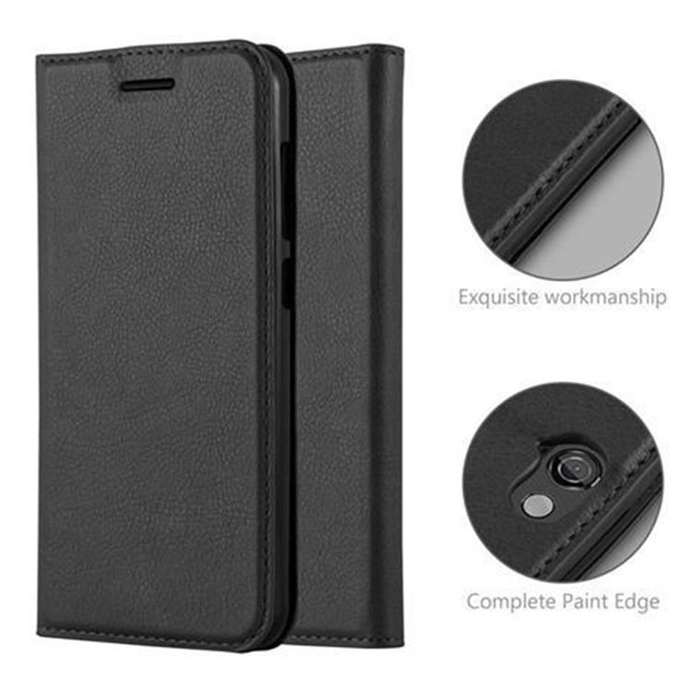 Custodia per telefono nera, stile portafoglio, chiusa e aperta. Testo: Lavorazione squisita, Complete Paint Edge.