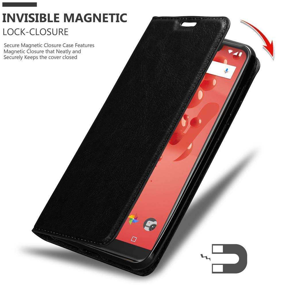 Custodia nera con telefono dentro. Chiusura magnetica invisibile. Lo schermo è rosso.