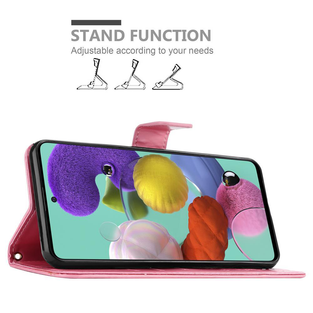 Telefono in una custodia rosa, mostrato con la funzione stand. Testo: Funzione stand. Sfondo bianco.
