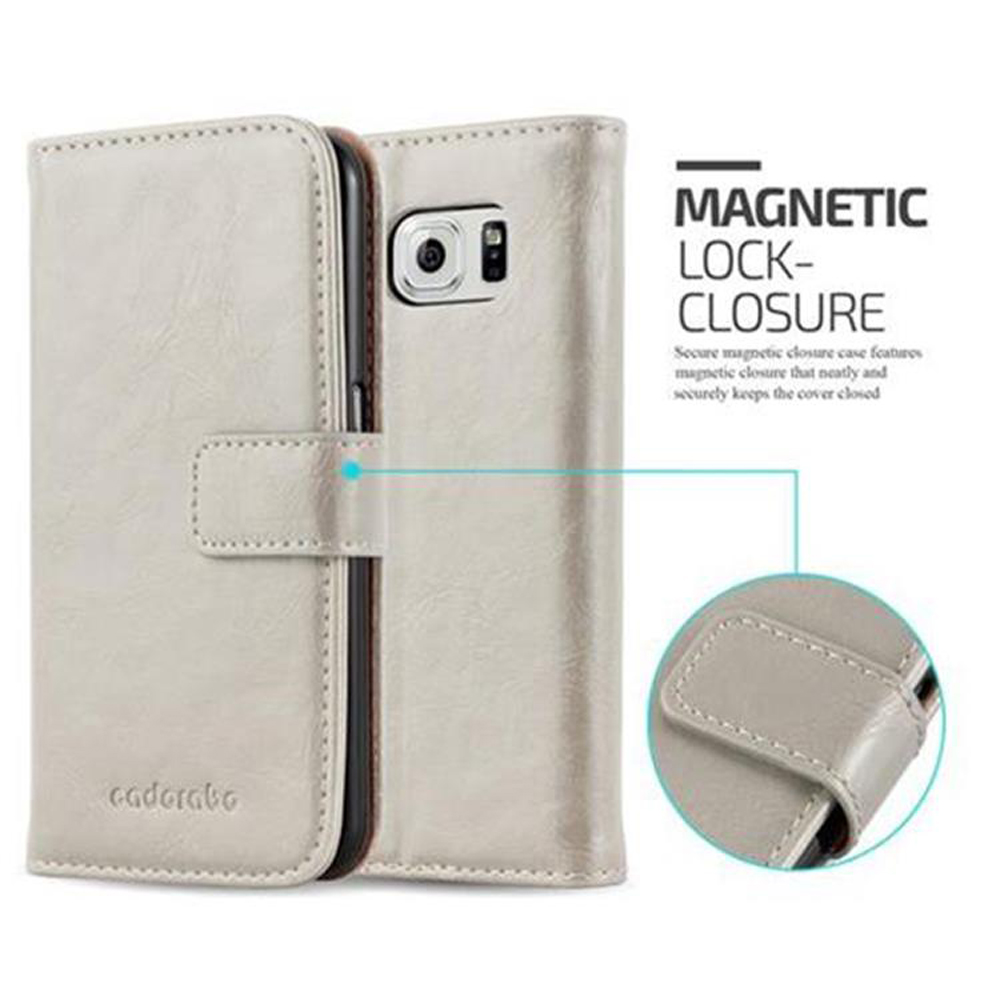 Una custodia bianca per telefono con chiusura magnetica, con un primo piano della chiusura. Il telefono è dentro.