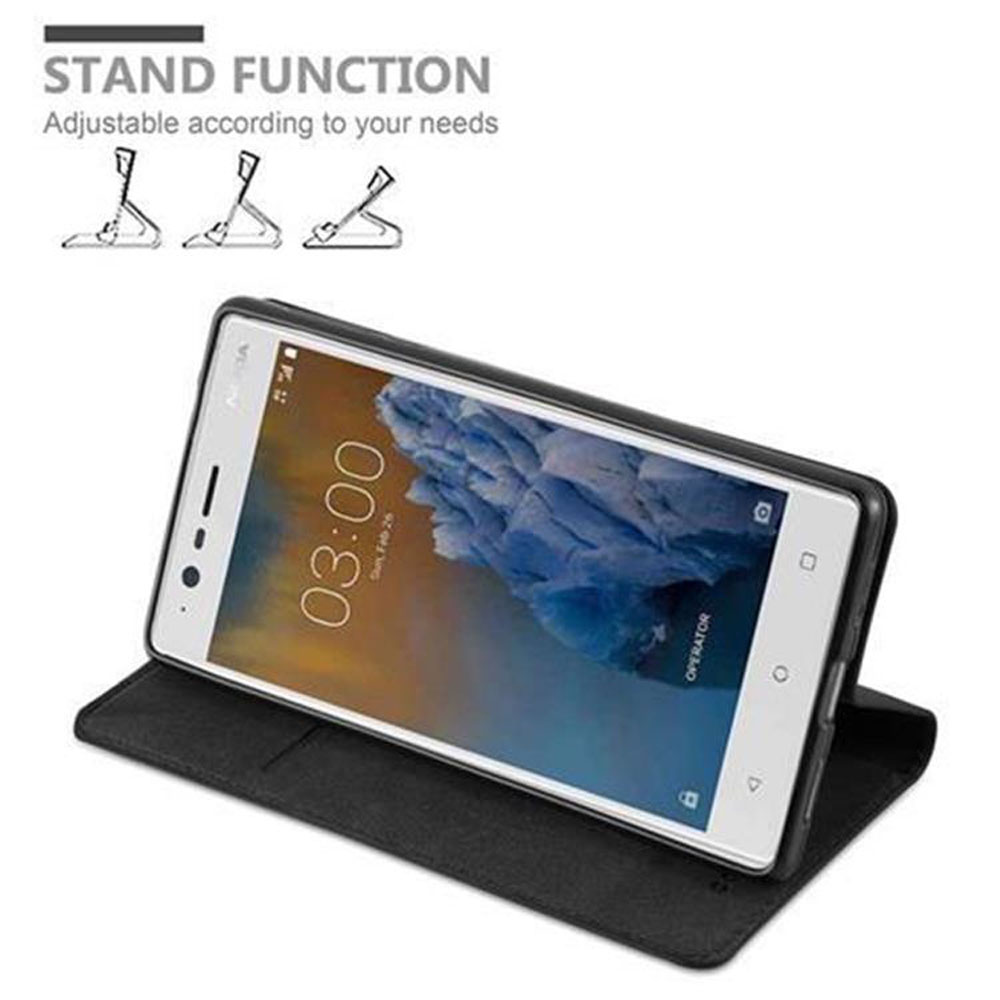 Schwarze Handyhülle mit Telefon, schräg geöffnet. Standfunktion mit drei verschiedenen Winkeln gezeigt.