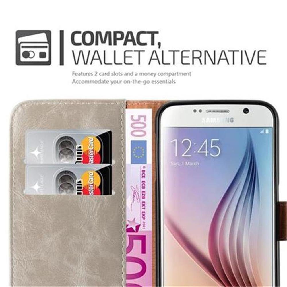 Custodia per telefono con carte e denaro. Il telefono mostra ora e data. Testo: Alternativa compatta al portafoglio.