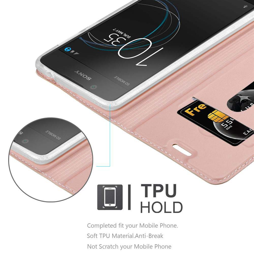 Telefono in una custodia rosa con carta di credito. Lo schermo mostra l'ora e un logo.