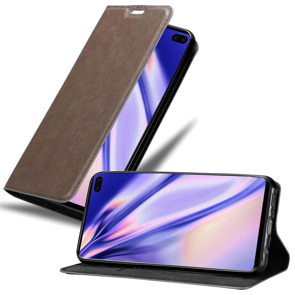 Braune Handyhülle. Der Telefonbildschirm zeigt Kunstwerke. Geöffnete Handyhülle mit Telefon darin.