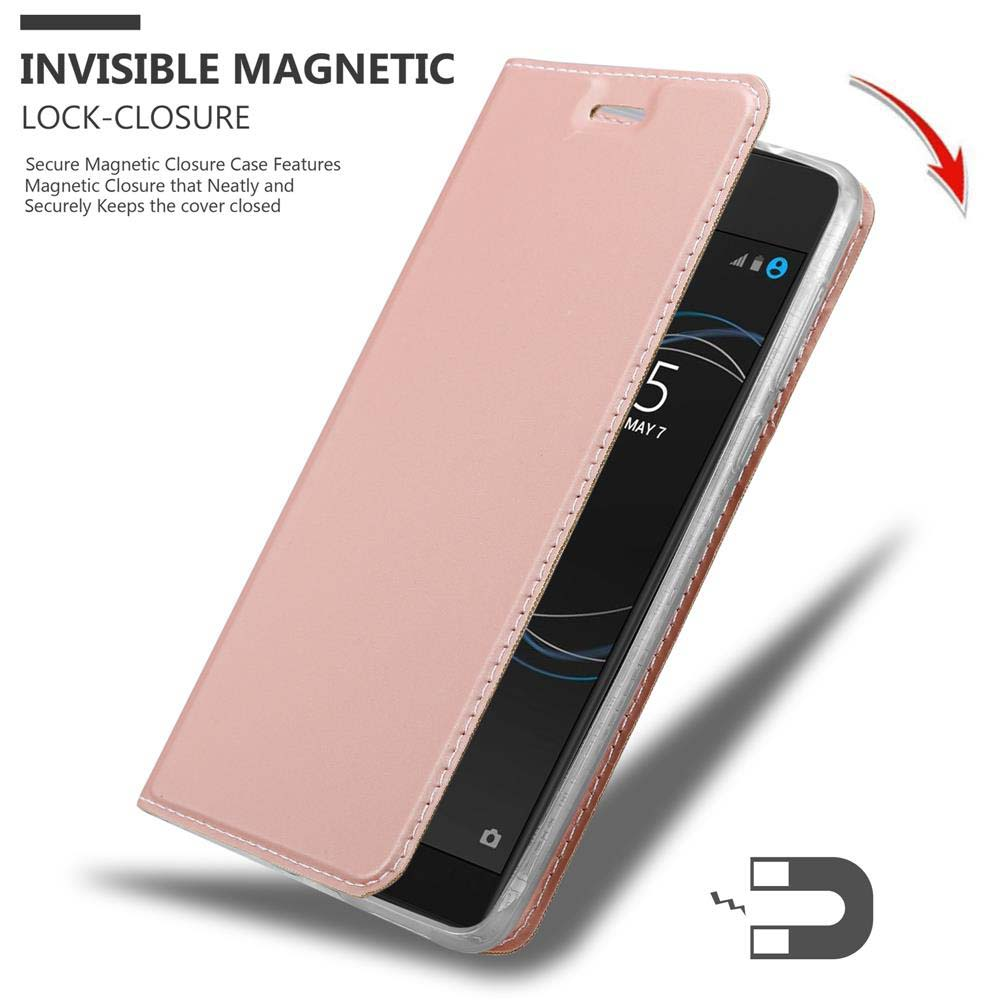 Custodia del telefono rosa aperta. Telefono dentro. Testo: Chiusura magnetica invisibile.