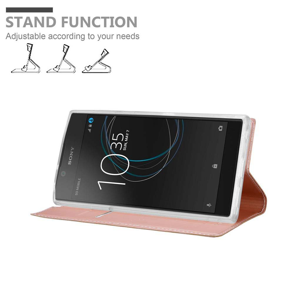 Telefono in una custodia rosa, aperto per mostrare una funzione di supporto, con diagrammi di supporto.