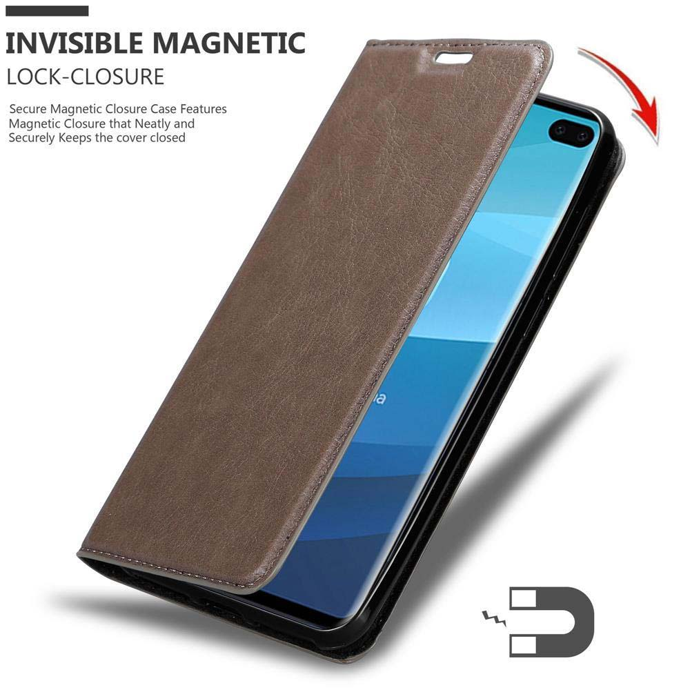 Braune Handyhülle mit Magnetverschluss. Das Telefon befindet sich in der Hülle.