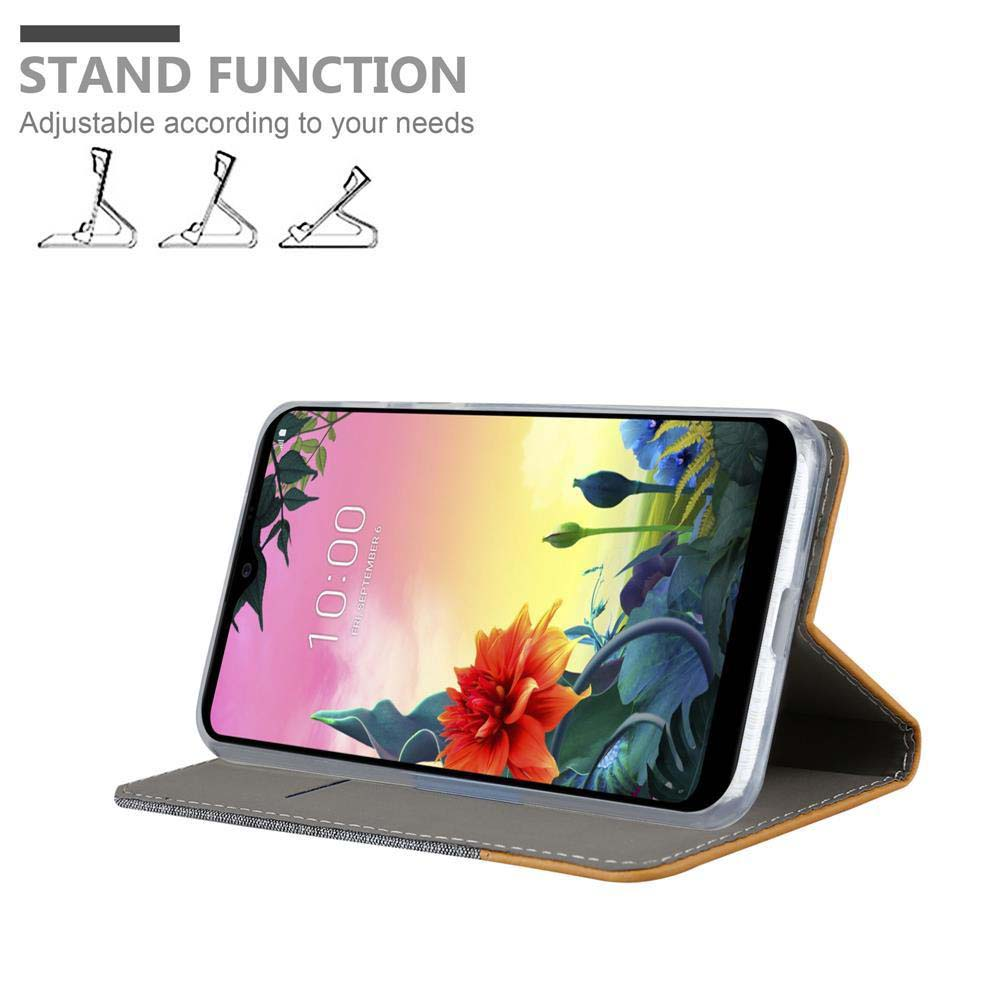 Telefon in einer Hülle, das einen farbenfrohen Hintergrund zeigt. Text: STANDFUNKTION.