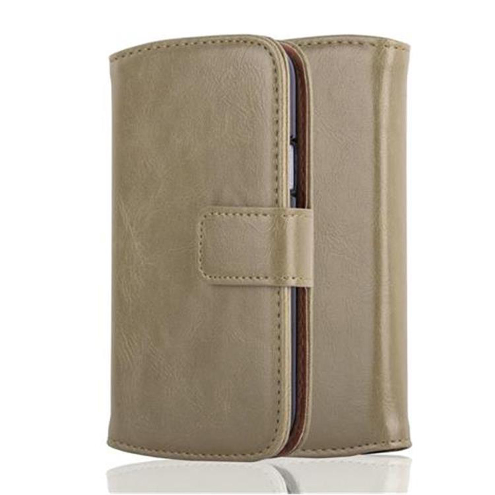 Funda de teléfono color beige cerrada. La funda está diseñada para el teléfono.