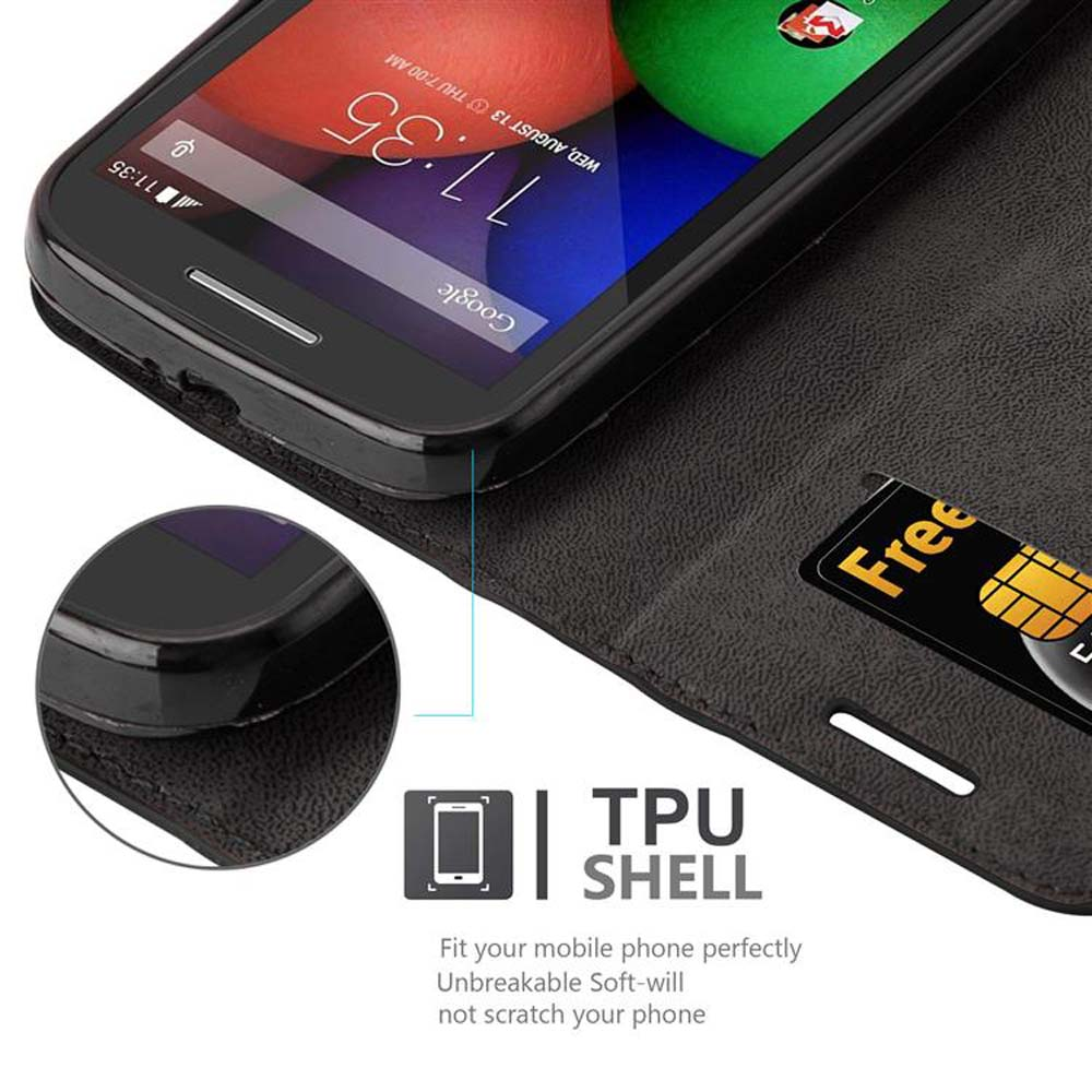 Uno smartphone nero all'interno di una custodia nera, con uno slot per carta di credito visibile.