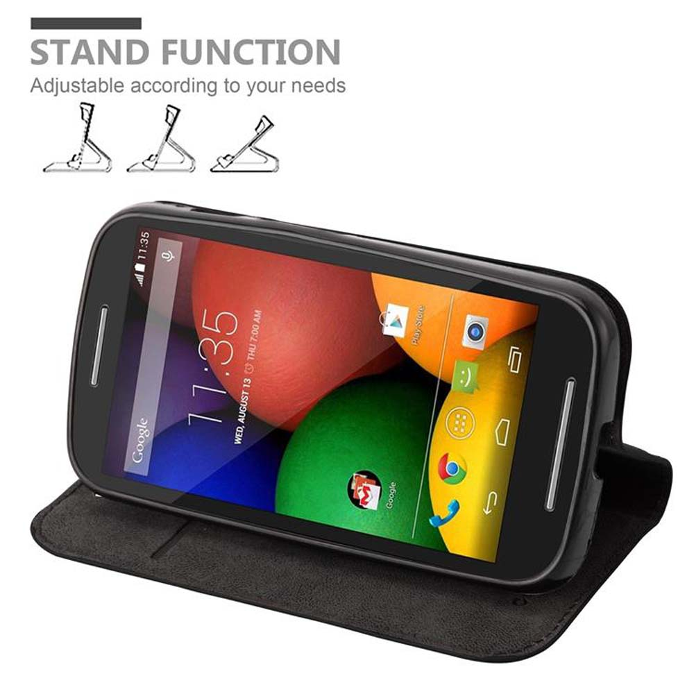 Telefono nero in una custodia, schermo con app Google, con funzione stand.