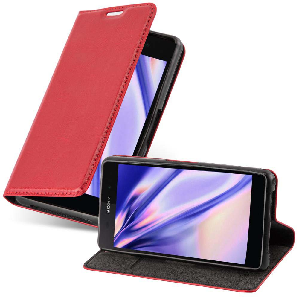 Dos teléfonos en fundas de cuero rojo. Uno abierto, uno en posición vertical. Ambos tienen pantallas moradas. Sony es visible.