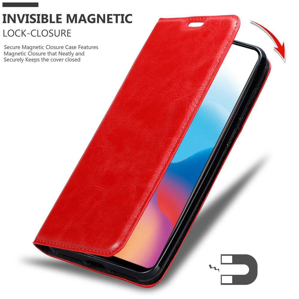 Rote Telefonhülle geöffnet, zeigt einen Telefonbildschirm. Ein Magnetsymbol befindet sich in der Nähe des Verschlusses.